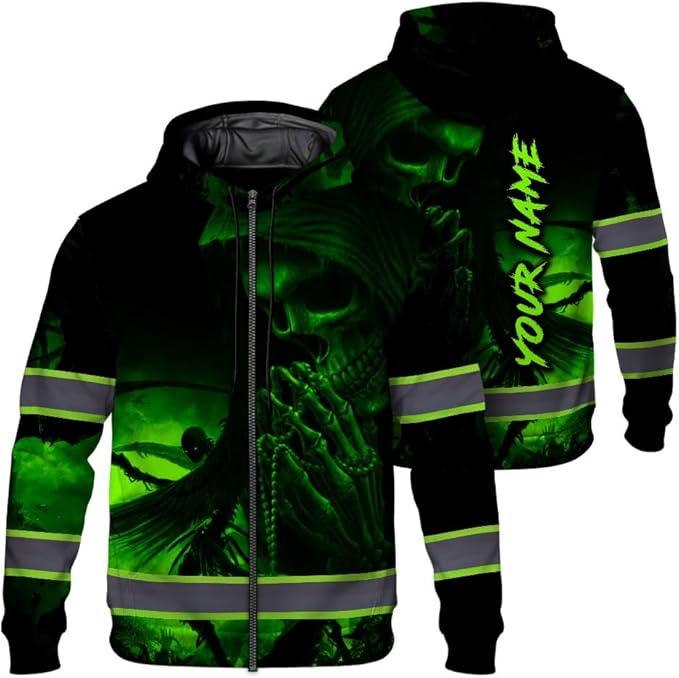 Maddly Hi Vis Reflective Zip Up Hoodie, High Visibility Safety Jacket with Skull Design for runner, worker, trucker, cyclist
