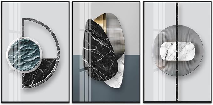 QKF 3 Pieces Modern Funky Wall Art For Living Room Geometry For Home Decoration Pictures Dark On Abstract Canvas Print Paintings Bedroom Bathroom Office Posters & Prints (Medium Size 16x24inch)