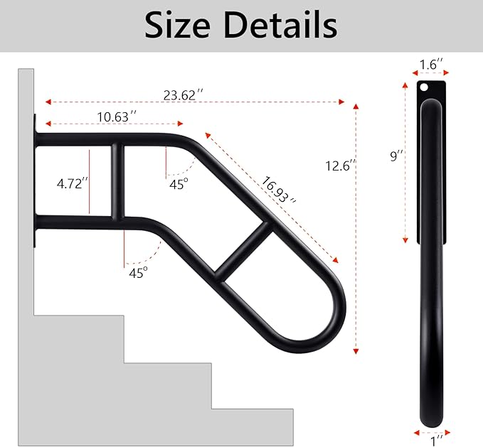 Hand Rails for Outdoor Steps & Elderly (Max 800LBS),U-Shape Wall Mount Stair Railing, Porch, Deck & Garden Grab Bar, Safety Handle for Garage, 1 Pack