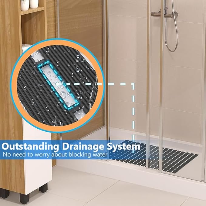 Bath Mat Non Slip Shower Mat Bathtub with Drain Holes and Heavy Duty Rubber No Suction Cups Sturdy Shower Stall Tub Mat for Bathroom, Shower Floor, Pool, SPA, (Black, 2FT X 31FT)
