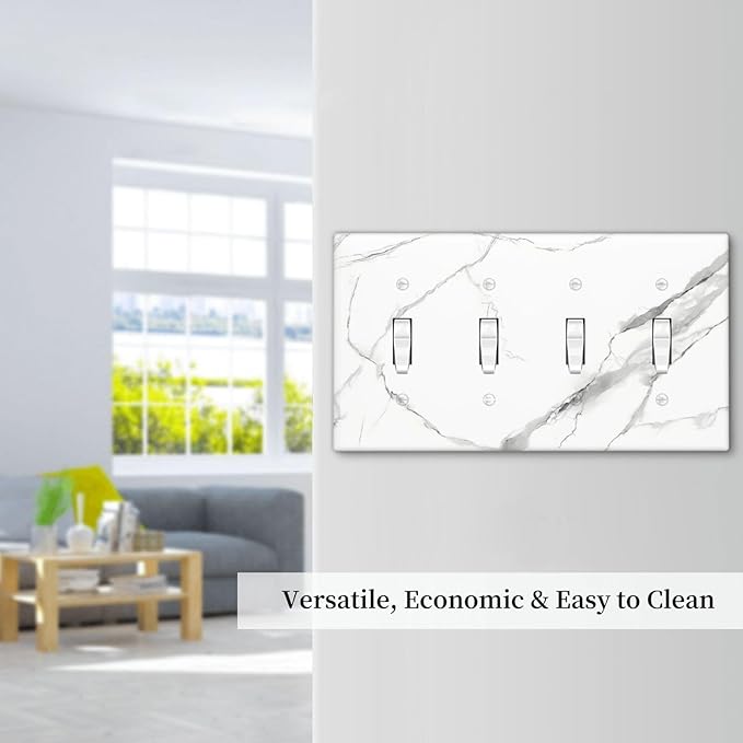 White Marble Abstract Luxurious Print Light Switch Covers Quad Toggle Electrical Faceplate 4 Gang Wall Plate Decorative Switch Plates Cover for Bathroom Kitchen Home Decor