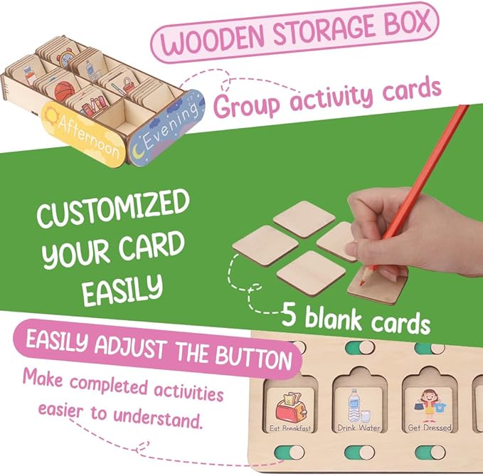 Wooden Chore Chart for Kids Visual Schedule, Routine Chart for Kids, Morning Bedtime Routine Chart for Toddlers Ages 2-4, Daily Kids Schedule Board for Home (02)
