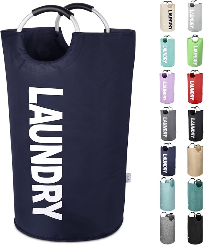 Large Laundry Basket Collapsible，Freestanding Clothes Hamper Bag with Handles – Tall Folding Dirty Laundry Bin，Sturdy Laundry Sorter for College Dorm，Laundry Room – 131L (Navy Blue)