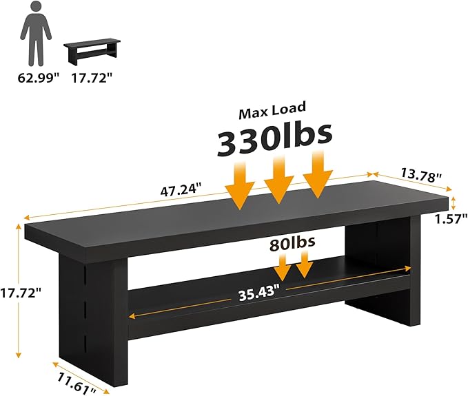 2 Tier Entryway Bench, 47.24" Shoe Bench, Rustic Shoe Rack, Wooden Storage Bench for Entryway Hallway Living Room Bedroom, Easy Assembly, Black