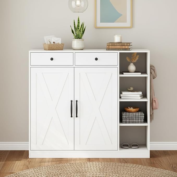 Shoe Cabinet for Entryway with Doors & 3 Open Racks, 4 Adjustable Shelves Storage Organizer for Hallway, Closet, Living Room