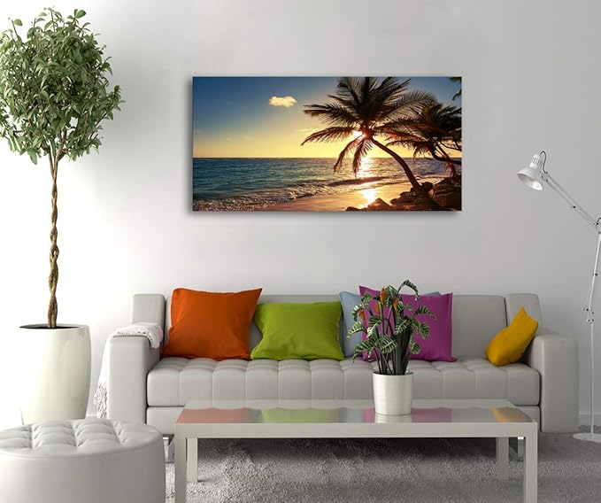 Muolunna S04950 Wall Art Decor Large Canvas Print Picture Sunset Ocean Beach Waves 1 Panel Coconut tree Scenery Modern Painting Artwork for Office Home Decoration Stretched and Framed Ready to Hang