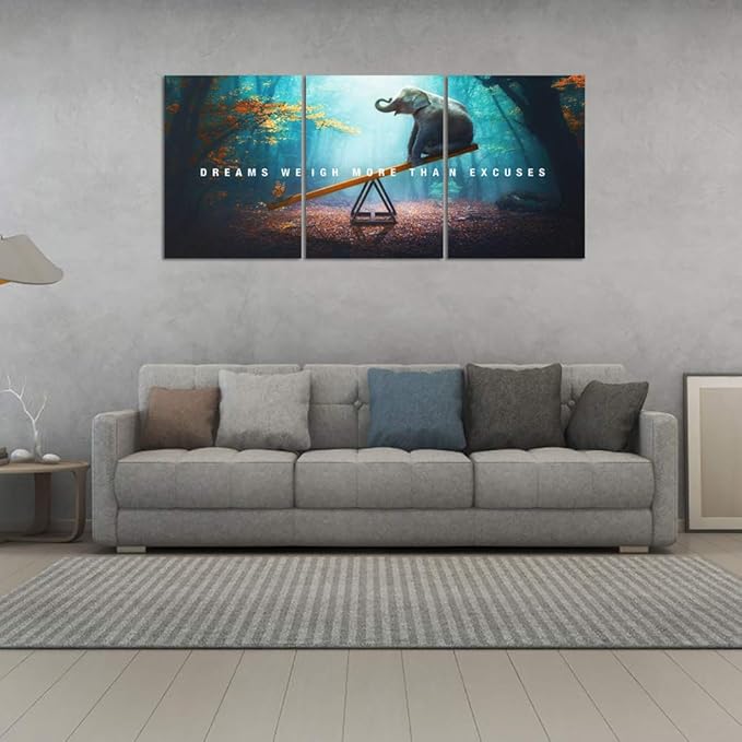 Unbruvo Elephant Wall Art for Office, Motivational Inspirational Canvas Wall Art, 3 Pieces Elephant Painting Prints Wall Decor for Living Room Bedroom Classroom Dorm(48”Wx24”H)