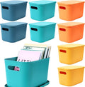 Hoolerry 8 Pieces Colorful Storage Bins with Lid, Plastic Storage Basket Organizing Container Stackable Box with Handle for Shelves Desktop Playroom Office(10.2 x 7 x 6.3 Inch,Multi-colored)