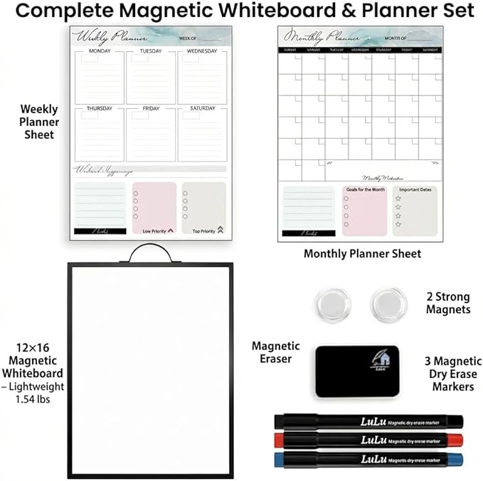 Small Whiteboard 12 x 16 Inch Magnetic Dry Erase Board with Handle | Black Aluminum Frame | Double-Sided Planner Board with Weekly & Monthly Sheets | 3 Markers, Eraser & 2 Magnets