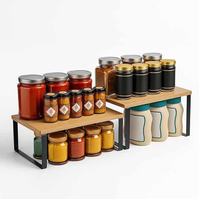 Sben Cabinet Organizer Shelf, Set of 2 Kitchen Counter Shelves, Kitchen Storage, Spice Rack, Stackable, Expandable, Metal and Engineered Wood, Ink Black and Natural Beige