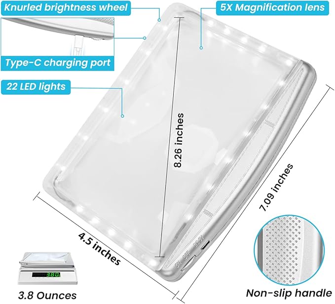 Rechargeable 5X Magnifying Glass for Reading, Large Bright Full Page Magnifier with Light, Handheld LED Dimmable Lighted, Lightweight Book Magnifier for Reading Small Prints Seniors - Silver
