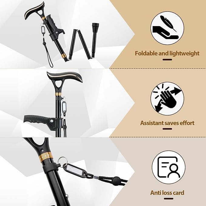 Walking Cane Folding Collapsible Adjustable Stability Balance Aluminum with Light Alarm for Seniors Women Men Black