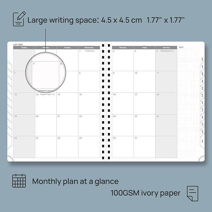 POPRUN 2026 Planner Weekly Notebook Calendar (Jan-Dec), Large Size 8.5'' x 10.5'' - Agenda 2026 Appointment Book with Monthly Tabs, Inner Pocket, Spiral Soft Cover, 100 GSM - Black
