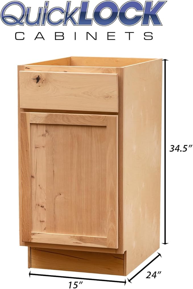 Quicklock RTA (Ready-to-Assemble) | Base Kitchen Cabinets - Shaker Style | Made in America (Raw Hickory, 15" Wx34.5 Hx24 D Base)