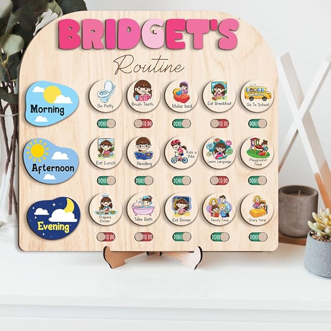 Wooden Chore Chart for Kids Visual Schedule, Routine Chart for Kids, Morning Bedtime Routine Chart for Toddlers Ages 2-4, Daily Kids Schedule Board for Home (17)