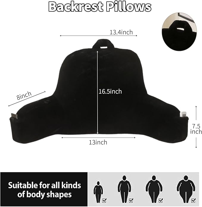 Reading Pillow for Sitting in Bed, Large Backrest Reading Pillow with Arm Rest,Back-Rest Support Cushion for Sit Up on Couch, Sofa, and Floor, Dorm Essentials (Black Faux Fur, Standard(17"))