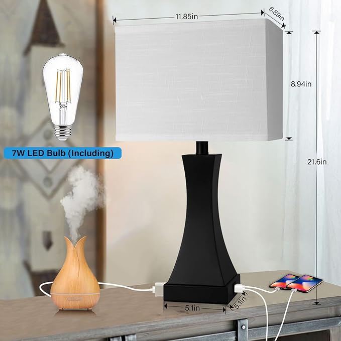 Table Lamp for Bedroom 3-Way Dimmable Touch Control Bedside Lamp with USB A+C Port & AC Outlet 21.6" Tall Nightstand Lamp for Living Room Office and Hotel Bulb Included