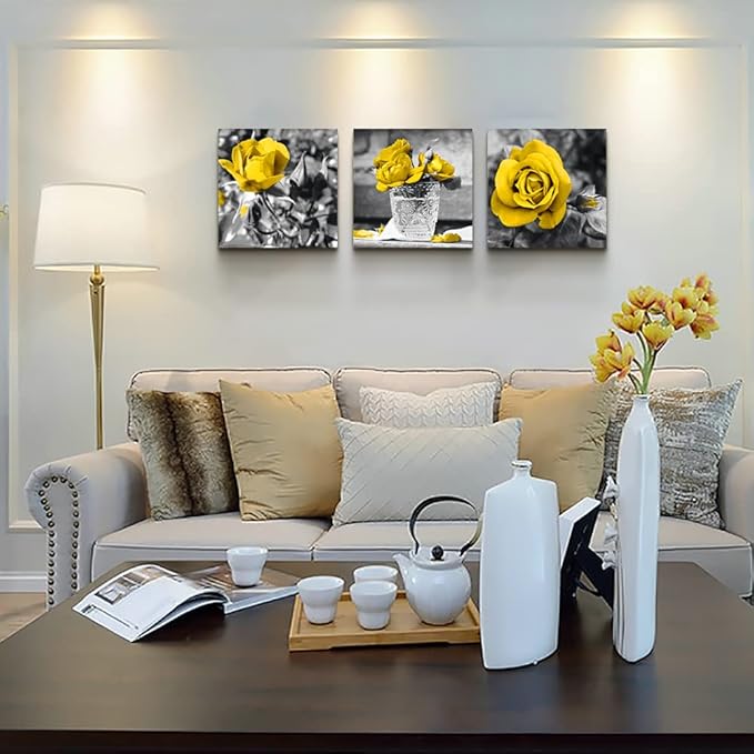 TTHYUEWS Canvas Wall Art For Bedroom Decor Kitchen Living Room Girls Decorations Black And White Pictures Artwork Yellow Rose Flowers Prints Bathroom Home 3 Piece