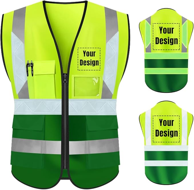 YOWESHOP High Visibility Safety Vest Custom Your Logo Protective Workwear 5 Pockets With Reflective Strips Outdoor Work Vest (S, Yellow Green Luminous)