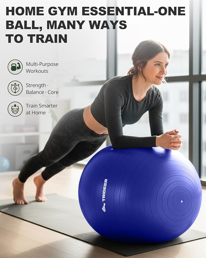 Trideer Exercise Ball for Yoga, Pilates & Fitness – Stability Ball Equipment for Home Gym & Office Chair, Core & Balance Training Accessories, Physical Therapy Equipment, Quick Pump Included, 5 Sizes