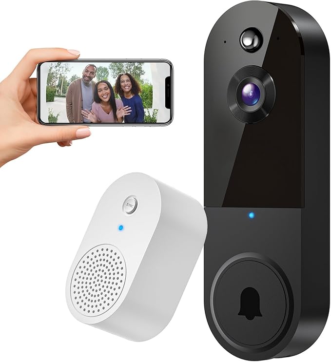 1080P Video Doorbell Camera Wireless with Doorbell Receiver, Cloud Storage, Live View, 2-Way Talk, Night Vision, 2.4Ghz WiFi Only, Indoor Surveillance, Real-Time Alert (Black)
