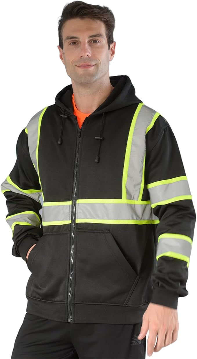 sesafety High Visibility Safety Sweatshirt for Men, Class 3 Reflective Zippered Hooded Sweatshirt, Hi-Vis Safety Hoodie with Black Bottom