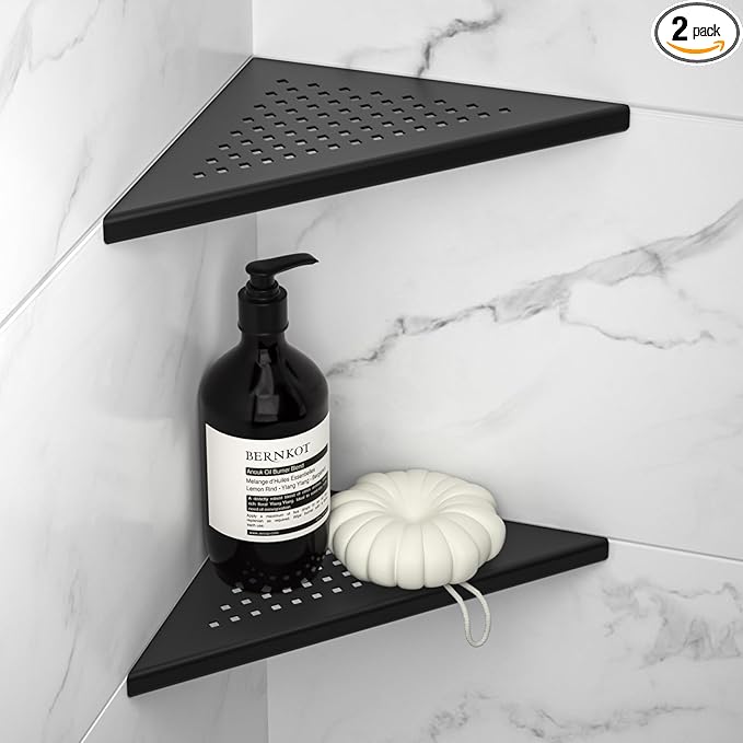 8'' Corner Shower Shelf 2 Pack, 304 Stainless Steel Grout in Bathroom Shelves, Recessed Shelf Rack for Tiled Wall, No Drilling Needed (8'', Black)