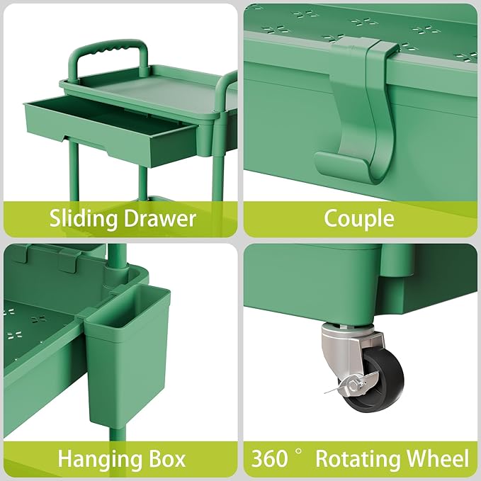 3 Tier Rolling Cart Organizer,Laundry Room Bathroom Organizers and Storage Office Shelves Mobile Shelving Unit Kitchen Trolley Cart with Wheels for Art,Craft,Diaper,Bedside,Snack(Green)