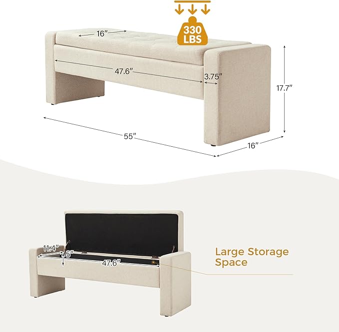 55" Modern Upholstered Storage Bench with Tufted Seat, Fabric Ottoman Bench for Bedroom, Entryway, or Living Room, Soft Close Hinge,Linen