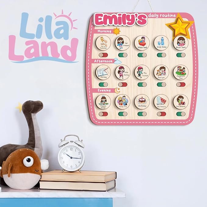 Personalized Wooden Chore Chart for Kids, Daily Routine Chart for Toddlers, Visual Schedule for Kids Age 3-5, Morning Bedtime Routine for Girls (09)