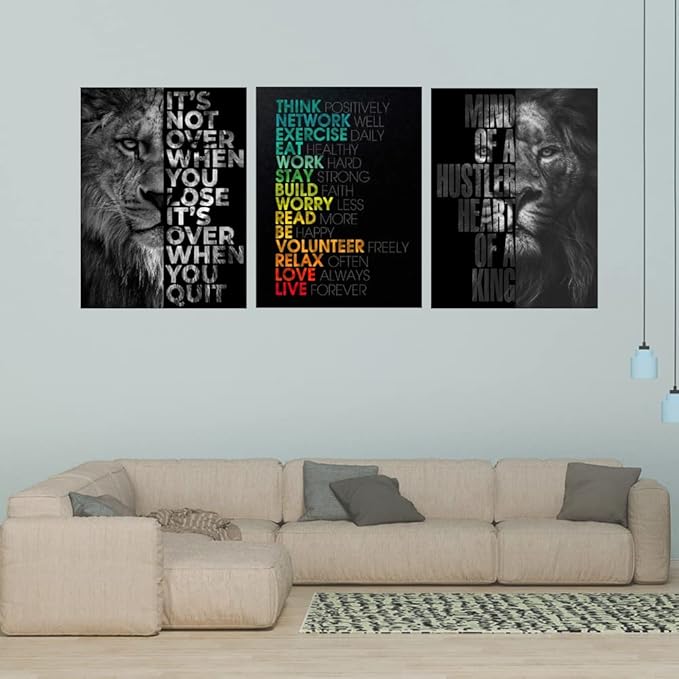 Unbruvo Motivational Office Wall Art Inspirational Canvas Wall Art Lion Picture Print Entrepreneur Quote Wall Painting 3 Pieces Artwork for Living Room Bedroom Classroom Home Decor(60”Wx28”H)