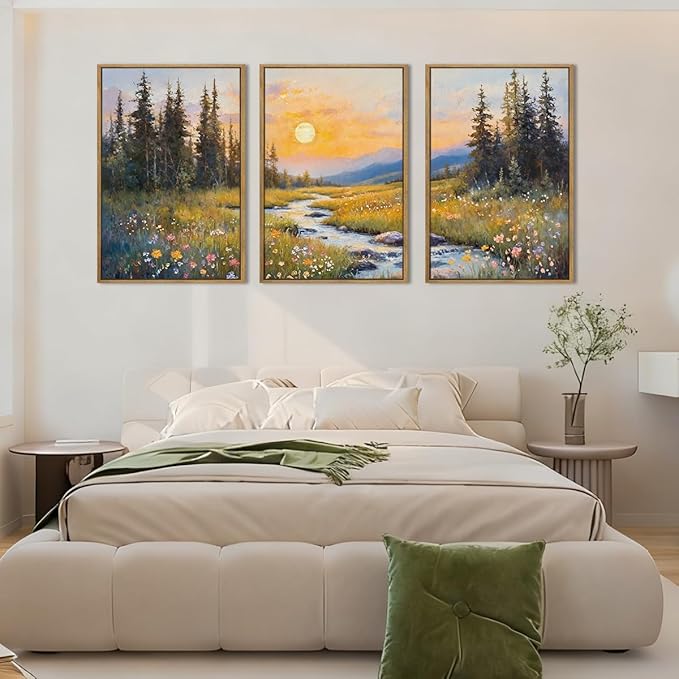 IARTTOP Extra Large Mountain Landscape Wall Art Framed 24x36 Inch Abstract Forest Canvas Wall Decor Sunset Nature Scenery Artwork for Living room Bedroom Set of 3