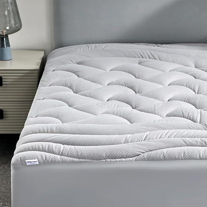 SLEEP ZONE Full Size Cooling Mattress Pad for Double Bed, Premium Zoned Quilted Mattress Topper, Wrap Around Mattress Protector Cover, Machine Wash Durable, Deep Pocket 8-21 inch, Silver Grey, Full