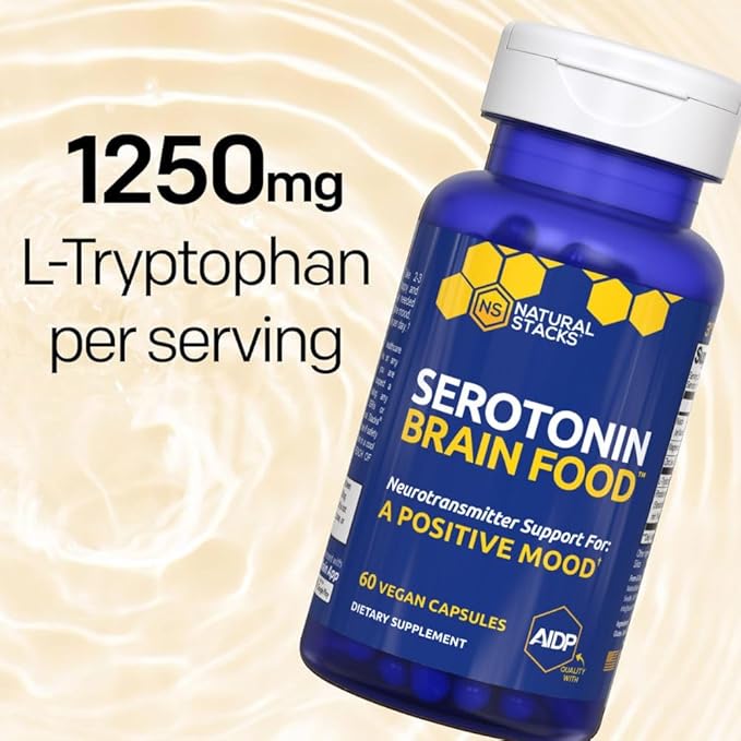 Serotonin Brain Food - 1250mg L-Tryptophan & 400mg Rhodiola Rosea Supplement - Mood Support Supplement for Stress Relief - Neurotransmitter Support with Magnesium Glycinate & Zinc - 120 Capsules