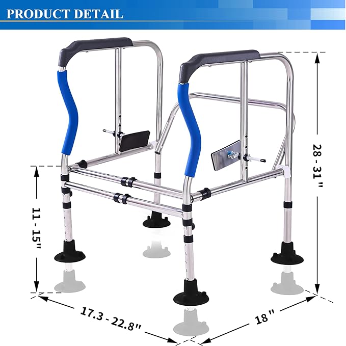 Toilet Safety Rails Frame，Upgrade Heavy Duty Double Crossbar and Suction Cups, Free Standing with Handles for Elderly（330lbs）Handicap & Disabled, Height Width Adjustable, Fit Any Toilet