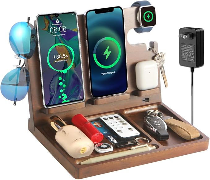 Wood Phone Docking Station Dual Phone Wireless Charging Station Organizer with 4 Wireless Charger Stand for iPhone Samsung iWatch AirPod Mens Nightstand Organizer Anniversary Birthday Gifts for Men
