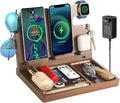 Wood Phone Docking Station Dual Phone Wireless Charging Station Organizer with 4 Wireless Charger Stand for iPhone Samsung iWatch AirPod Mens Nightstand Organizer Anniversary Birthday Gifts for Men