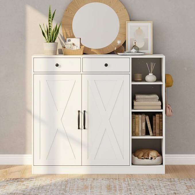 Shoe Cabinet for Entryway with Doors & 3 Open Racks, 4 Adjustable Shelves Storage Organizer for Hallway, Closet, Living Room