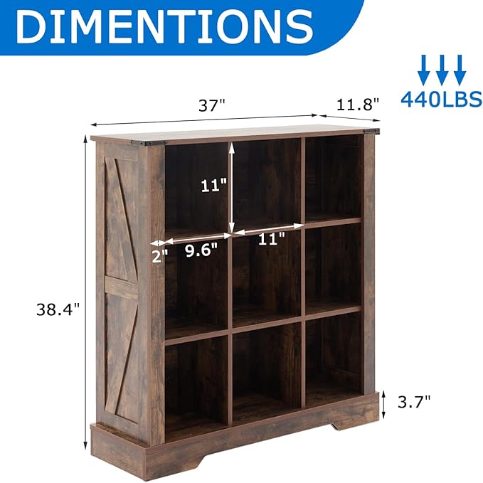 9 Cube Bookcase, Wooden Cube Storage Organizer Shelf, Grey Horizontal Book Shelf with LED Lights, Freestanding Display Cabinet for Living Room, Hallway TV Stand for Entryway
