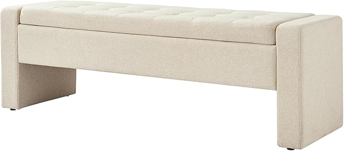 55" Modern Upholstered Storage Bench with Tufted Seat, Fabric Ottoman Bench for Bedroom, Entryway, or Living Room, Soft Close Hinge,Linen