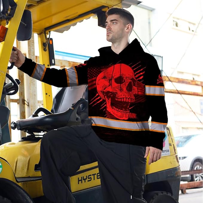 Matedecor Skull US Flag Reflective High Visibility Hoodie For Men Construction Hi Vis Safety Workwear Custom Name