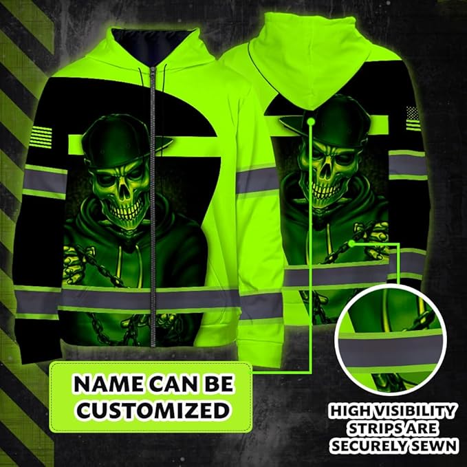 Maddly Hi Vis Reflective Zip Up Hoodie, High Visibility Safety Jacket with Skull Design for runner, worker, trucker, cyclist