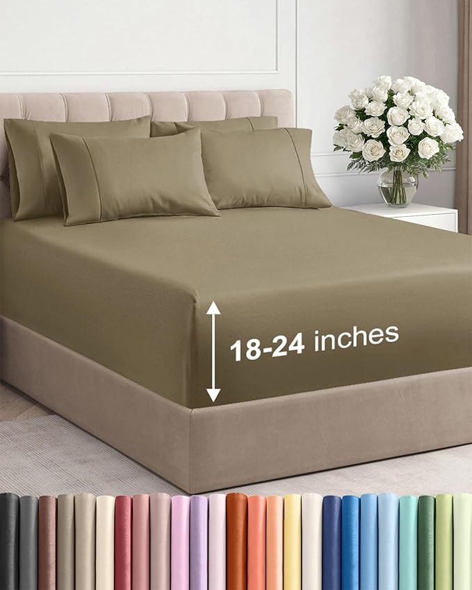 Extra Deep Queen Sheet Set - 6 Piece Breathable and Cooling Sheets - Hotel Luxury Bed Sheets Set - Easy & Secure Fit - Soft, Wrinkle Free and Comfy Sheets Set - Khaki Sheet Set with Extra Deep Pockets