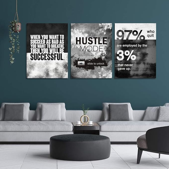 Motivational Office Wall Decor, Inspirational Canvas Wall Art, 3 Pieces Hustle Posters Prints Entrepreneur Success Quote Wall Decor for Lobby Meeting Room Hallway Living Room(48”Wx24”H)