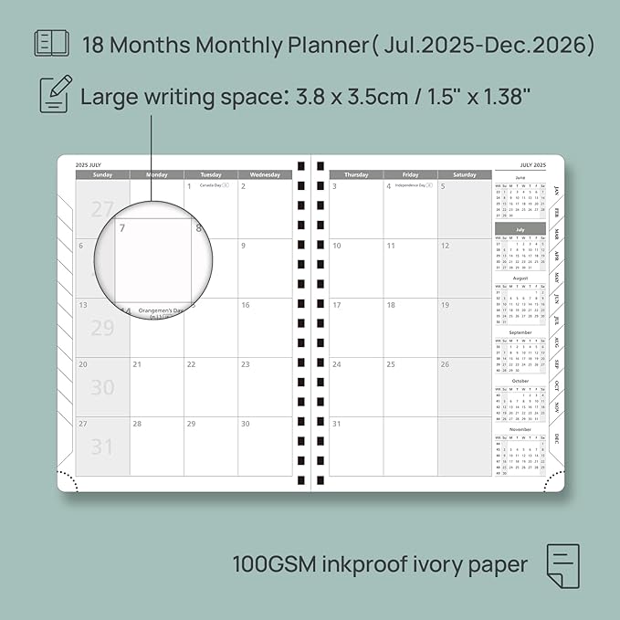 POPRUN Monthly Planner 2025-2026 Spiral Bound (6.5" x 8.5") 18 Months Calendar (Jul 2025 - Dec 2026) - 4 Pages per Month with Monthly Expense & Notes, Sunday Start, Leather Cover - Green