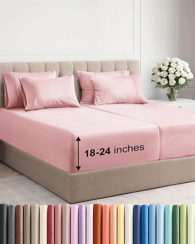 Extra Deep Split King Sheet Set - 7 Piece Breathable and Cooling Sheets - Hotel Luxury Bed Sheets Set - Easy Fit - Soft, Wrinkle Free and Comfy Sheets Set - Baby Pink Sheet Set with Extra Deep Pockets