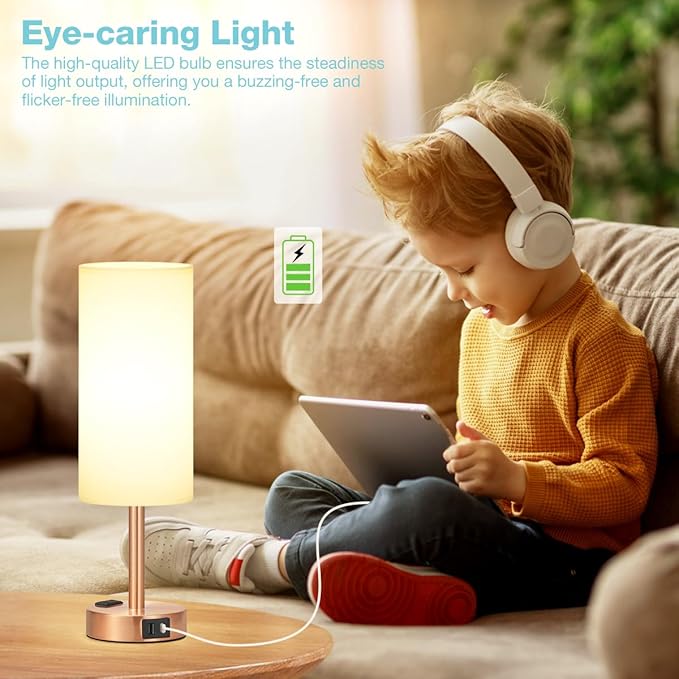 Fenmzee Bronze Nightstand Bedroom Lamp - 3 Way Dimmable Bedside Lamp USB C A Charging Ports and AC Outlet, Small Table Lamp White Linen Lampshade for Desk, LED Bulb Included