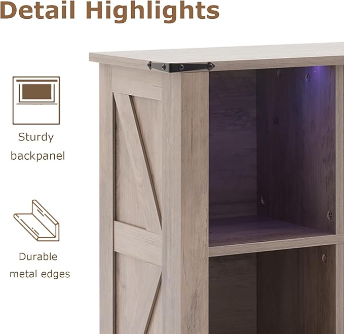 8 Cube Bookcase, Wooden Cube Storage Organizer Shelf, Grey Horizontal Book Shelf with LED Lights, Freestanding Display Cabinet for Living Room, Hallway TV Stand for Entryway