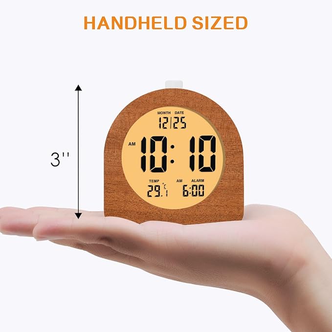 Plumeet Wooden Digital Alarm Clock for Bedrooms, Wood 4'' Battery Powered Alarm Clock with Snooze and Nightlight, Electronic LCD Desk Clock Display Time, Date, Temp, 12/24H, Wood Décor, Round, Sapele