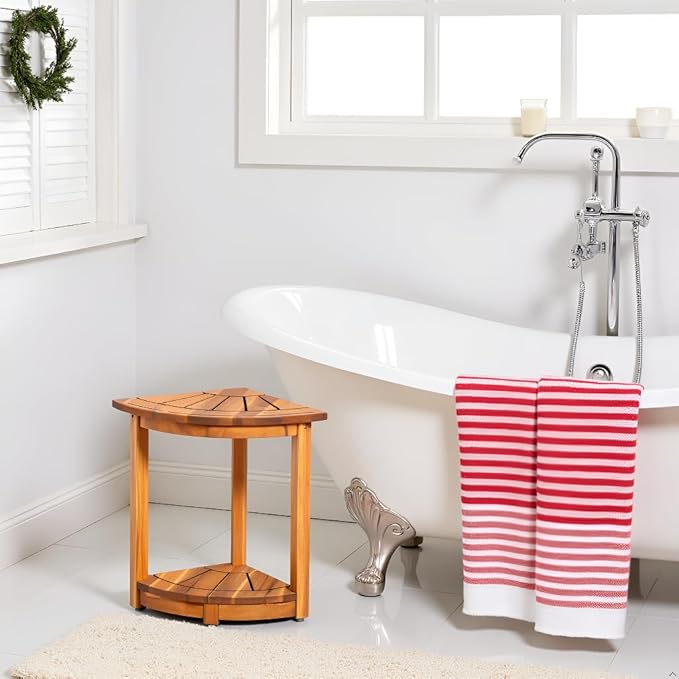 Acacia Wood Corner Shower Stool - Waterproof Triangular Bathroom Bench with Storage Shelf & Soap Dish for Shaving, Natural Wood (17.9x12.7x16.5)
